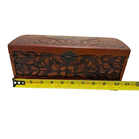 Wooden Jewelry Trinket Box Floral Carving Cottage Scene Mirror Rounded Lid Vtg - Picture 10 of 12